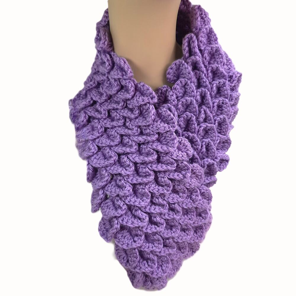 Crochet Purple Dragon Scale Scarf Hand Crafted Cowl Crocodile Stitch Neckwarmer